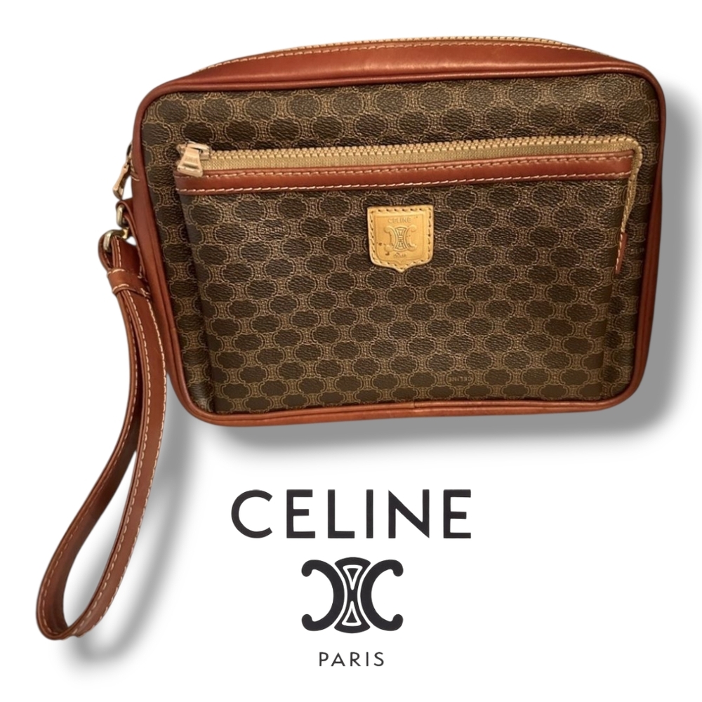 Vintage Celine Y2k Brown Monogram Clutch Featuring Gold Hardware & Leather Strap